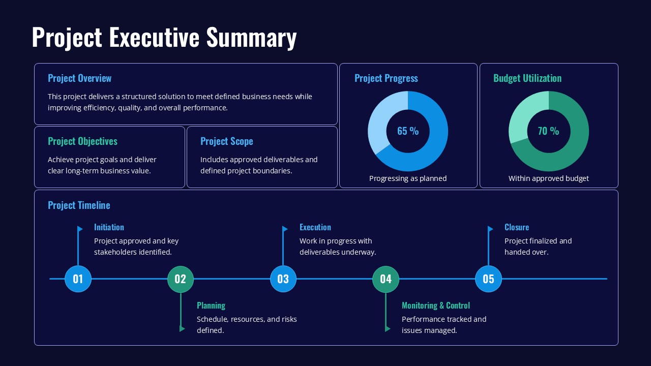 Editable project executive summary presentation slide dark