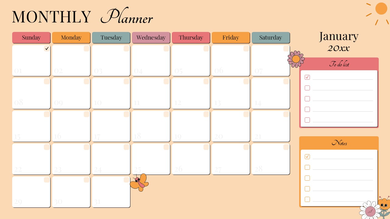 30 Days Calendar Planner Template For Google Slides