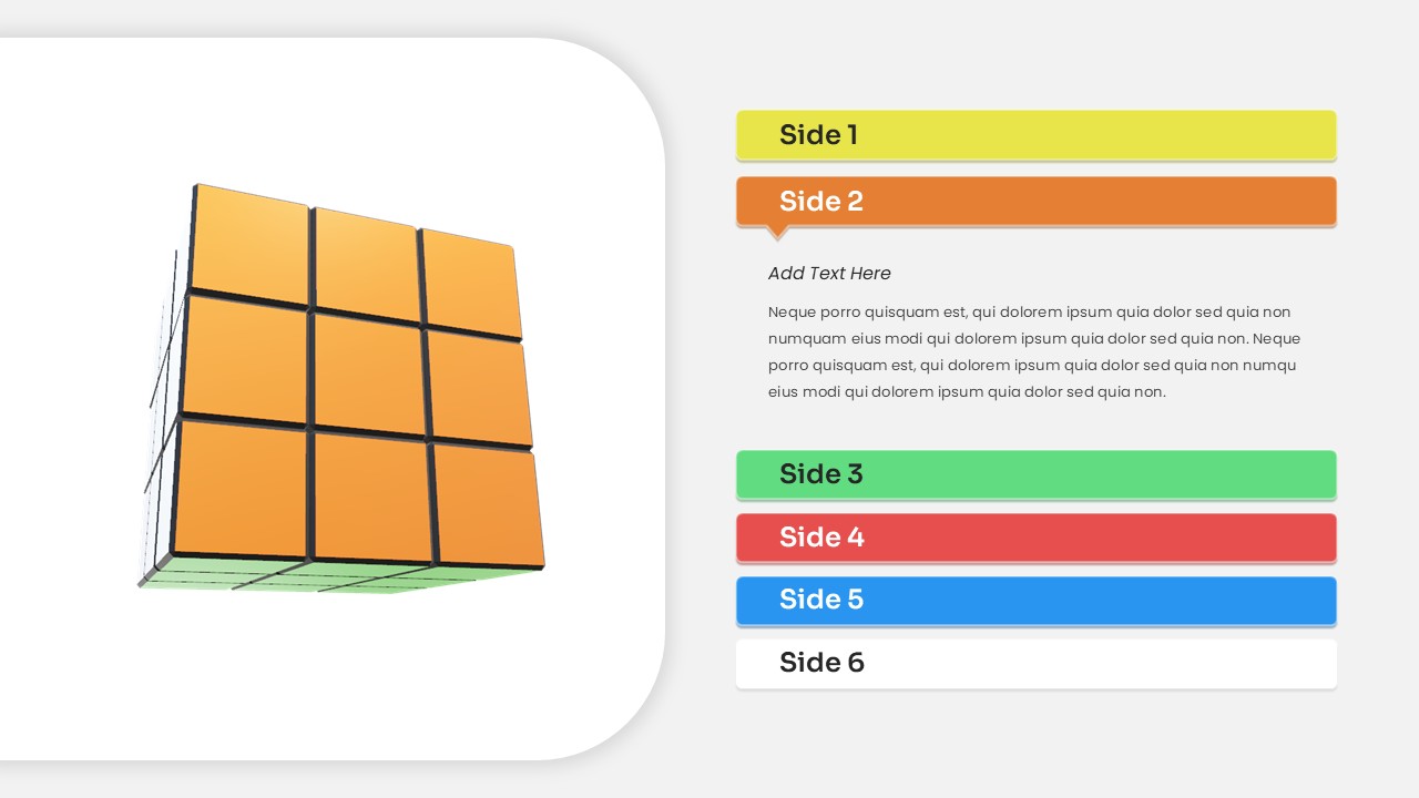 3D orange cube with labeled sides Google Slide