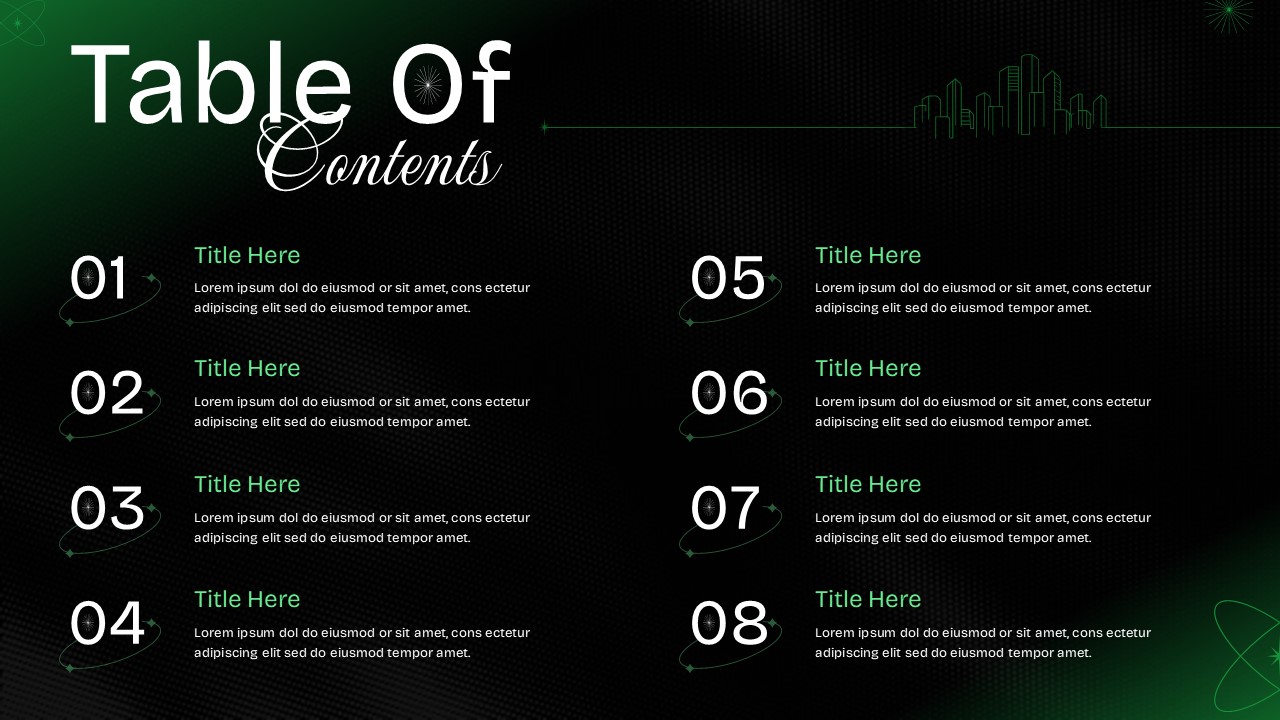 Dark Neon Table of Contents PPT Template