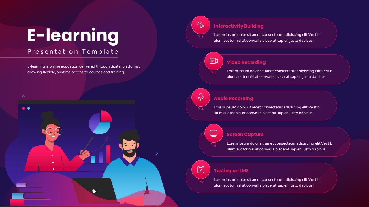 E-learning Presentation slide with gradient background, online learning illustration, and feature highlight panels.