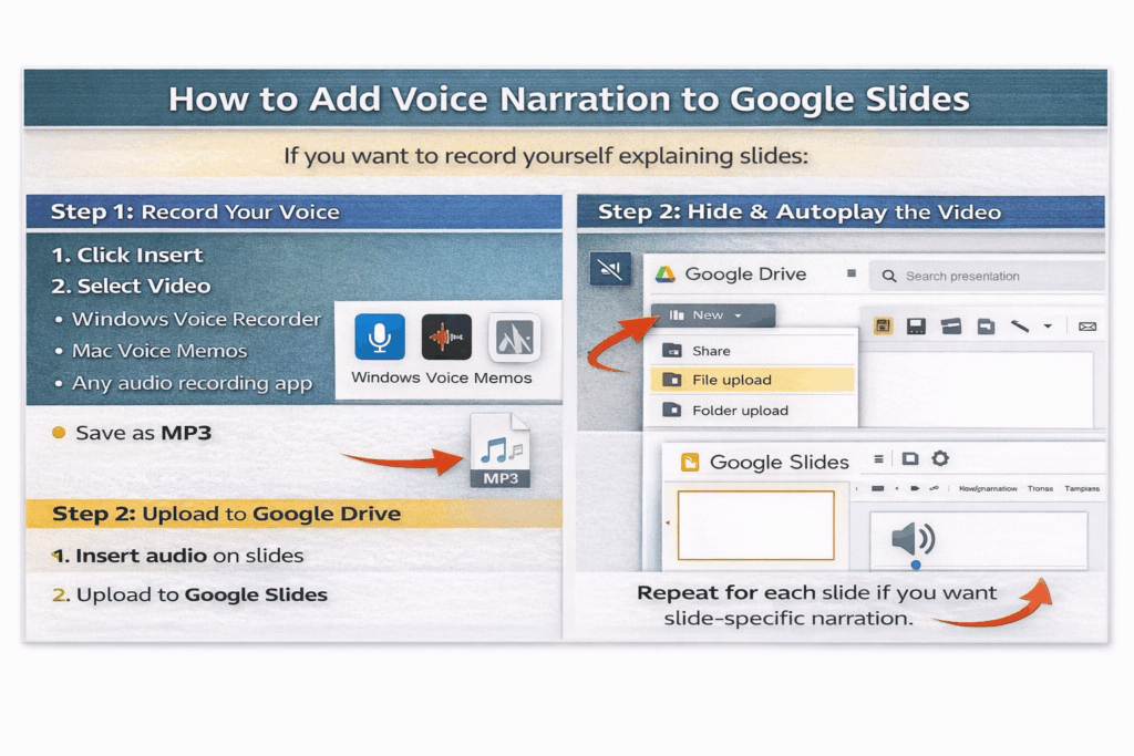 Infographic explaining how to record voice narration, save as MP3, upload to Google Drive, and insert audio on individual slides in Google Slides.