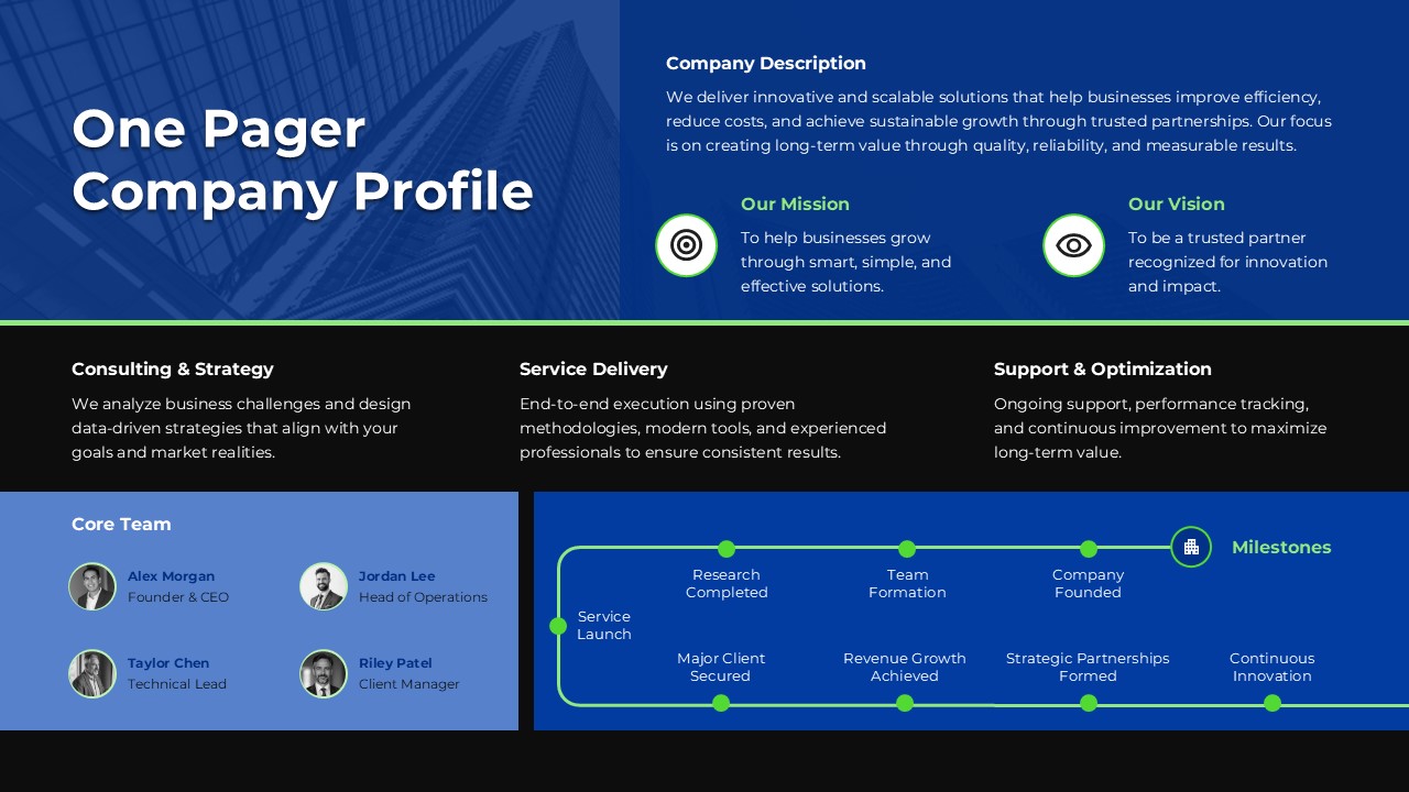 One Pager Company Profile Dark Theme Slide