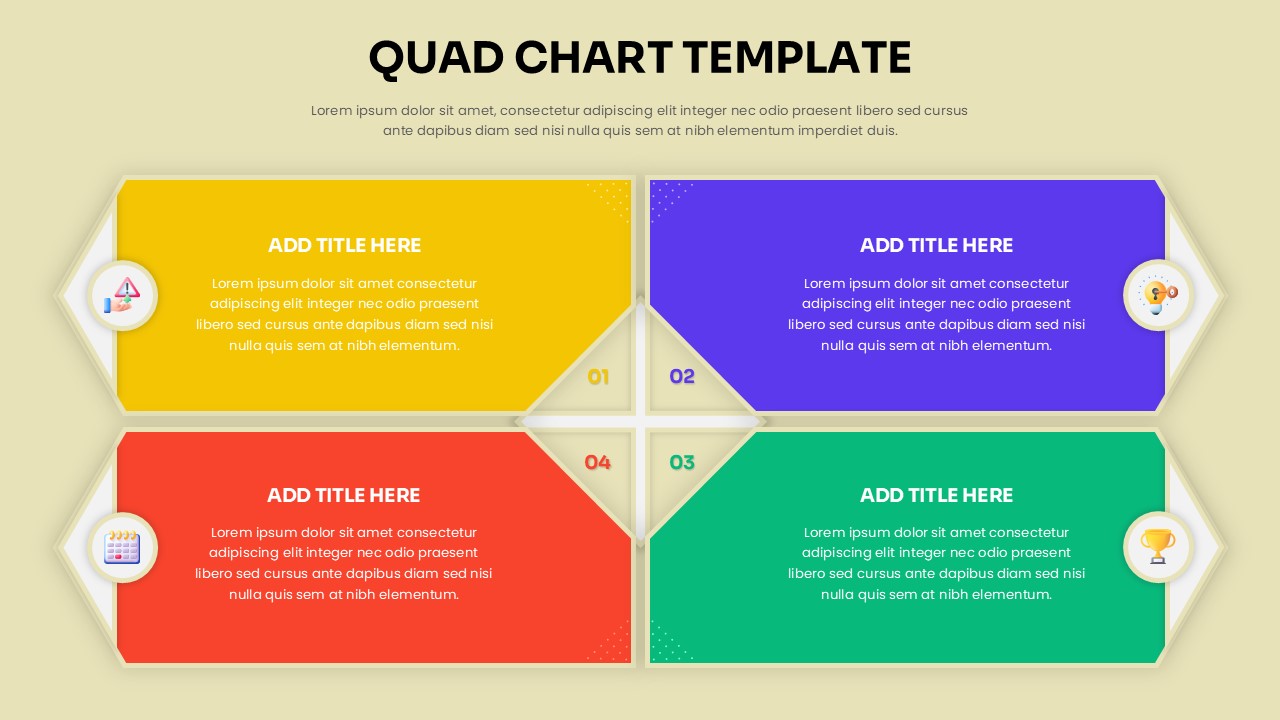 Quad Chart Template Google Slides template with four colorful quadrants, numbered sections, and icon placeholders arranged in a modern business presentation layout.