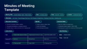 Minutes Of Meeting Template cover slide with dark blue gradient background and organized meeting sections