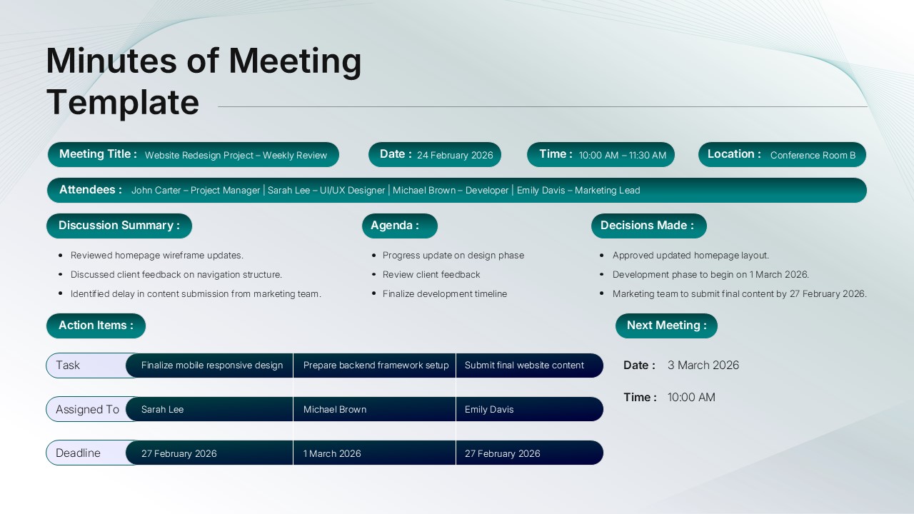 Minutes Of Meeting Template light theme variant showing meeting documentation layout with teal accents