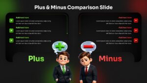 Plus & Minus Comparison Slide - Dark theme pros and cons template with cartoon businessmen for PowerPoint and Google Slides