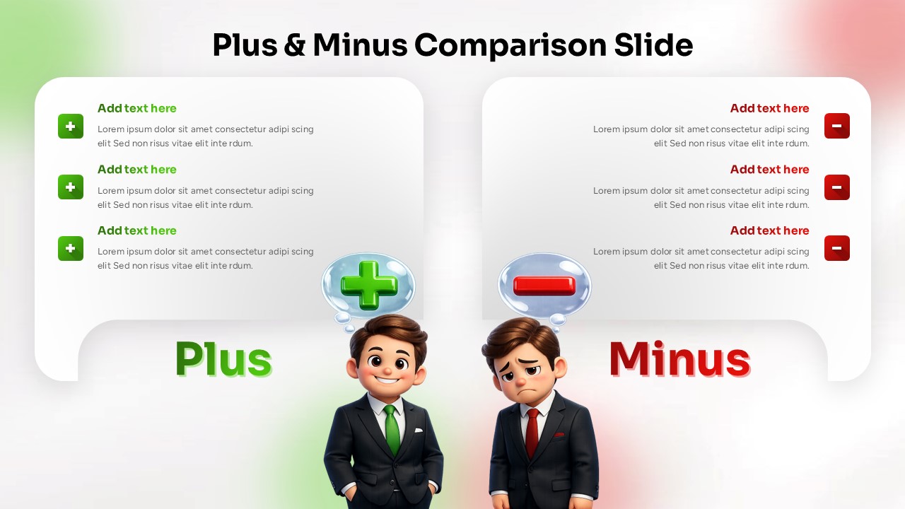 Plus & Minus Comparison Slide - Light theme pros and cons template with cartoon businessmen for PowerPoint and Google Slides