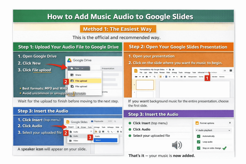 Step-by-step infographic showing how to upload an MP3 to Google Drive, insert audio in Google Slides using Insert → Audio, and add a speaker icon to the slide.