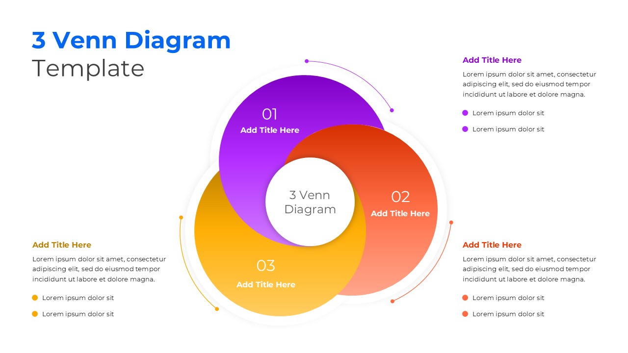 3 Venn Diagram Template showcasing overlapping circles in purple, orange, and yellow to reveal connections between concepts