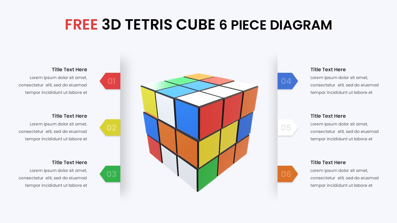 Business process presentation with Free 3D Tetris Cube Template showing six interconnected components
