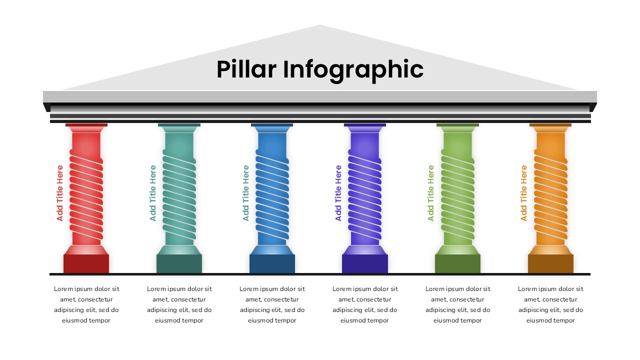 Business framework presentation with 6 Pillars Infographic Template showing classical temple design