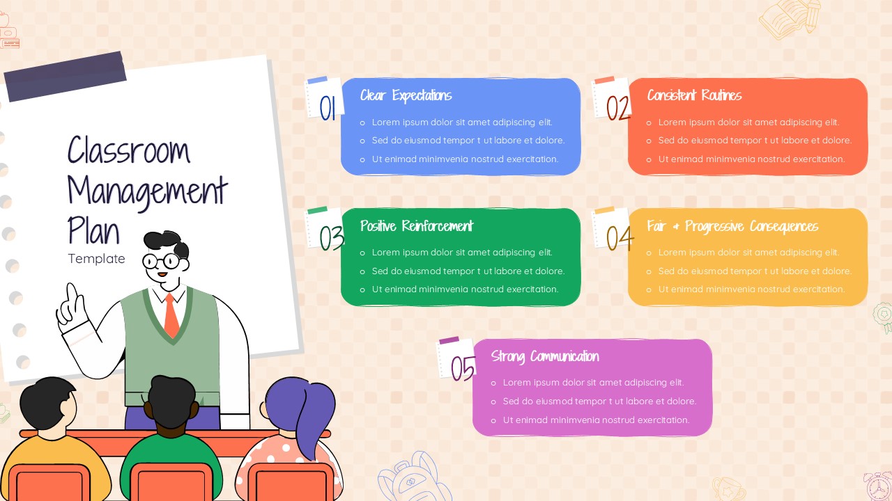 Classroom Management Plan Template with five color-coded strategy sections and teacher illustration editable in PowerPoint