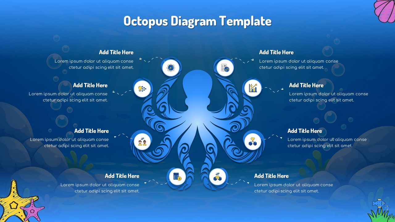 Octopus Diagram PowerPoint presentation slide with central octopus graphic and eight editable content sections