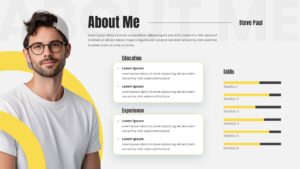 Resume Template for Google Slides presentation with profile photo, About Me section, and skills bars