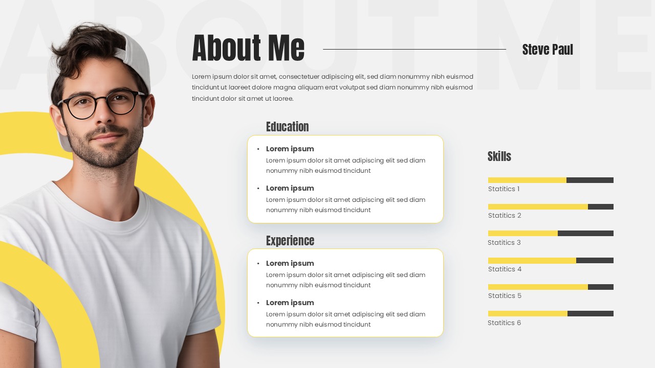 Resume Template for Google Slides presentation with profile photo, About Me section, and skills bars