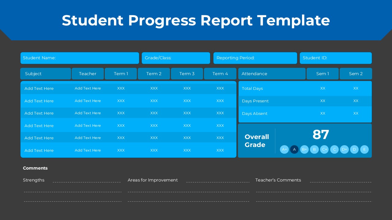 Student Progress Report Google Slide Template with grade tracking, attendance summary, and overall score panel