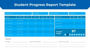 Student Progress Report PPT presentation slide with grades, attendance, and overall performance summary
