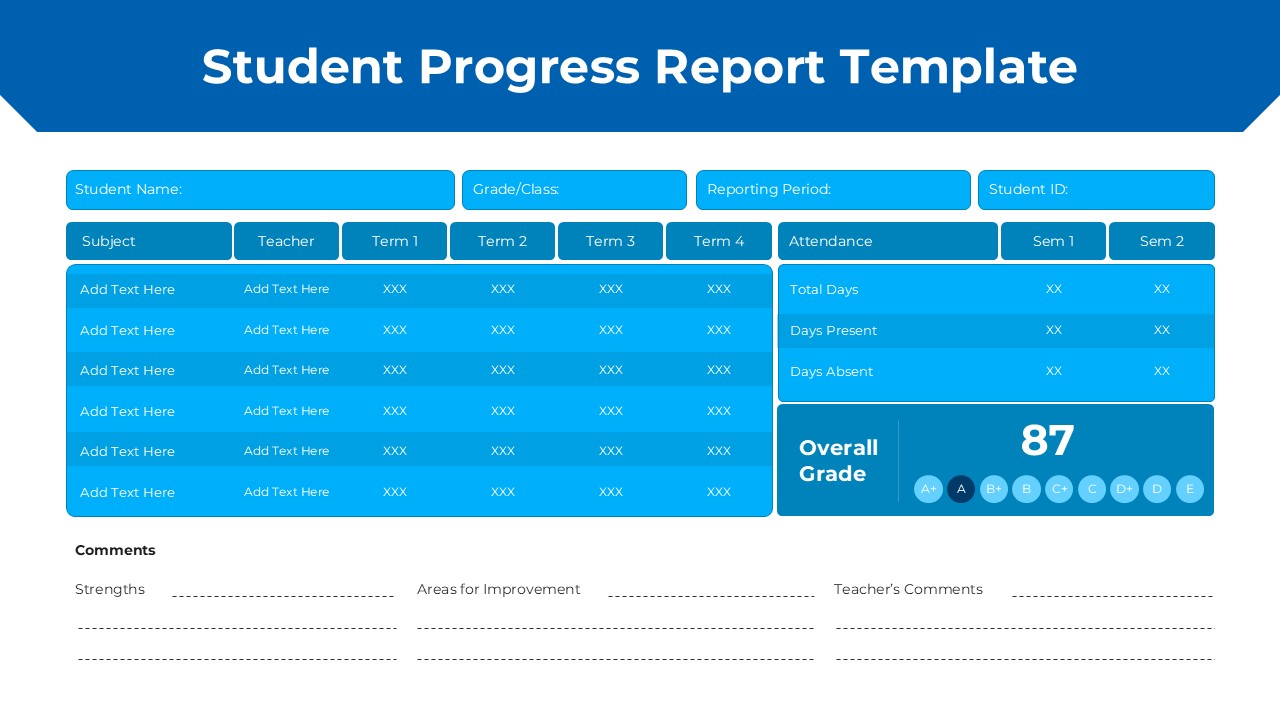Student Progress Report PPT presentation slide with grades, attendance, and overall performance summary