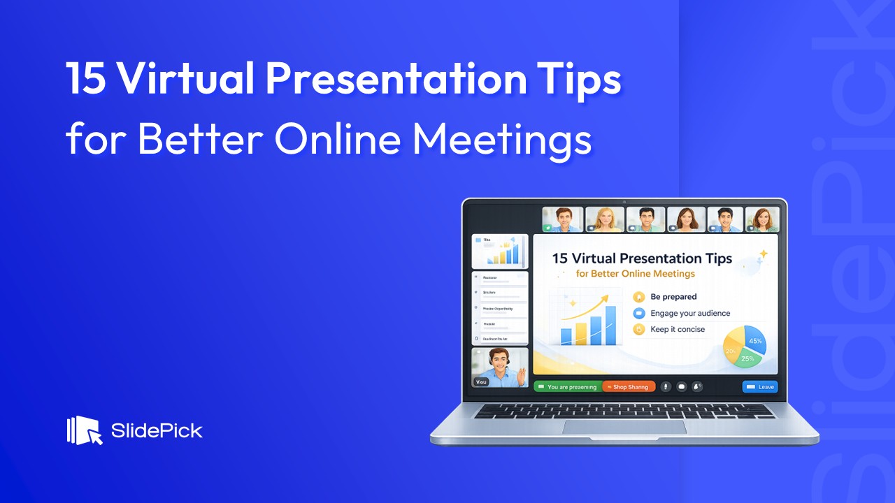 Virtual Presentation Tips - Blog Cover Image By SlidePick