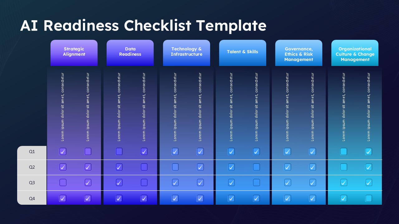 AI Readiness Checklist Google Slide Template - Dark Theme Variant with Matrix Grid and Checkbox System for PowerPoint and Google Slides