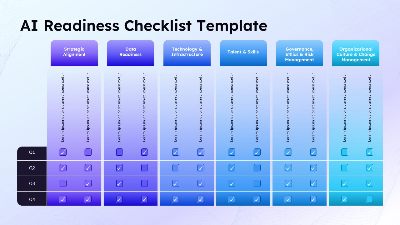 AI Readiness Checklist PPT Template - Light Theme Matrix with 6 Categories and Q1-Q4 Tracking for PowerPoint and Google Slides