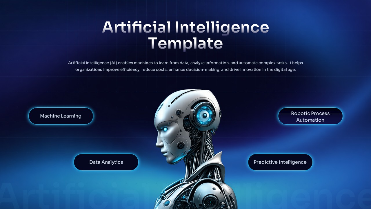 AI PowerPoint template cover slide with futuristic robot and tech categories