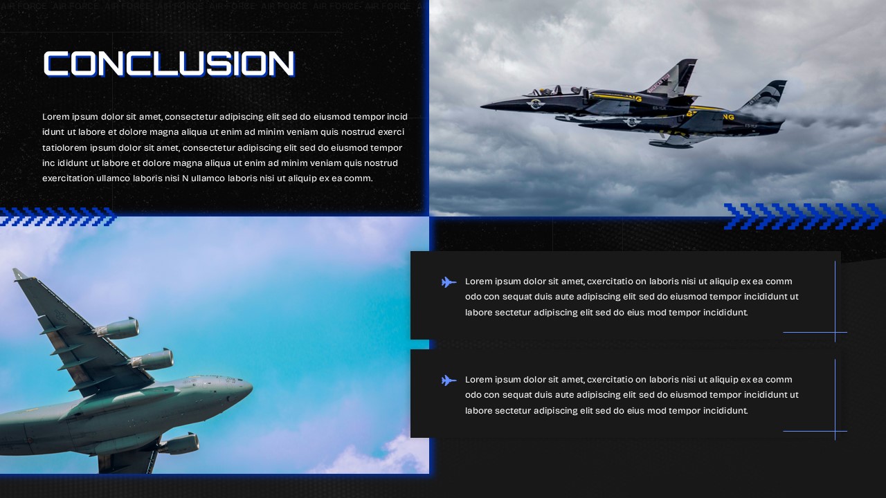 Air Force conclusion slide template with dual aircraft imagery - end presentations with commanding military impact
