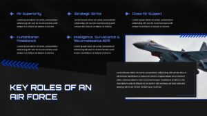 Air Force key roles slide with fighter jets - showcase operational capabilities with striking military visuals