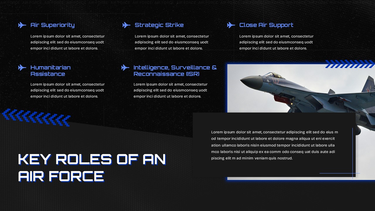 Air Force key roles slide with fighter jets - showcase operational capabilities with striking military visuals