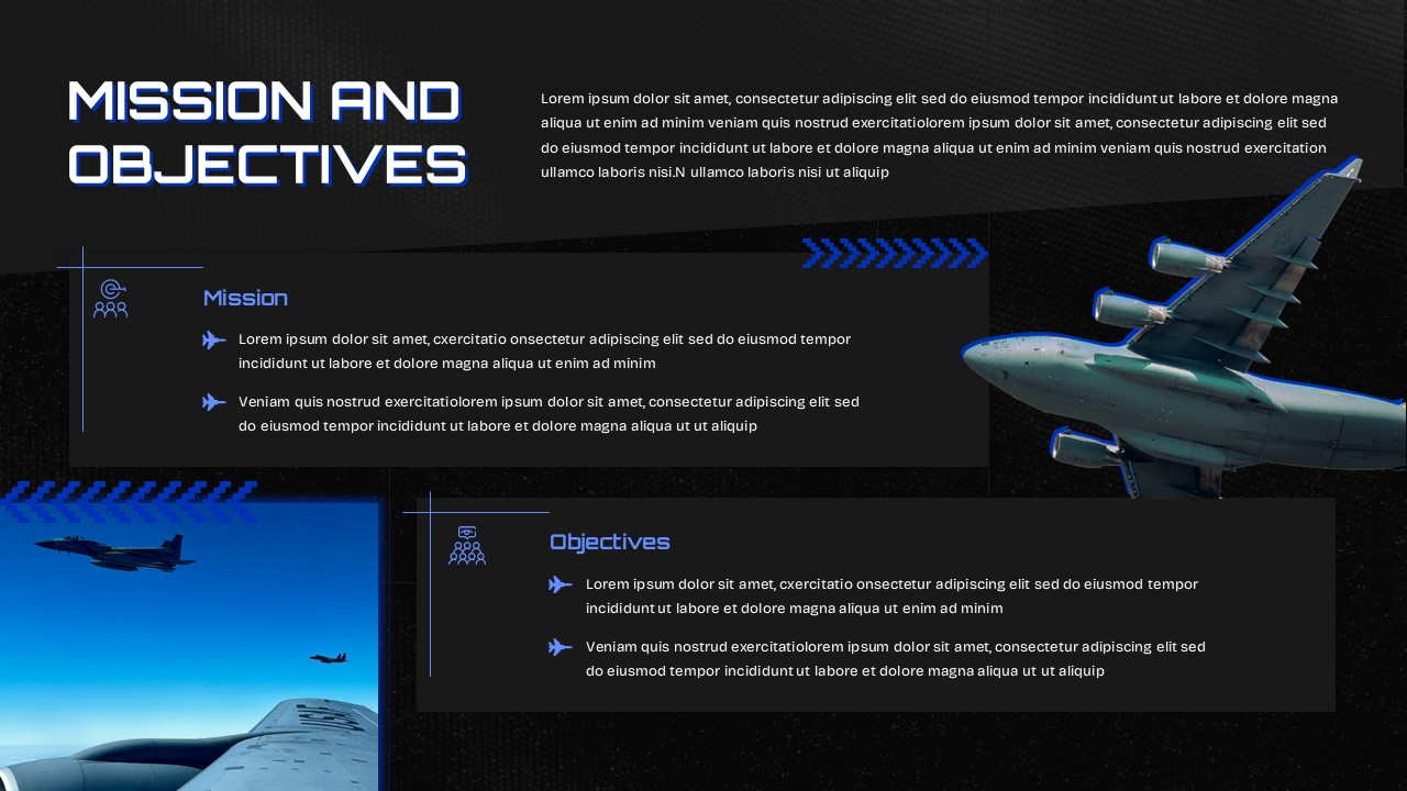 Air Force mission and objectives slide template - clearly communicate strategic goals with military precision