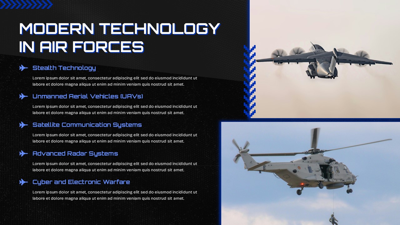 Air Force modern technology slide template - highlight cutting-edge military capabilities with sleek design
