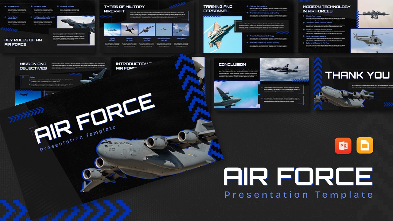 Complete Air Force template overview with 11 slides - comprehensive military presentation solution for PowerPoint