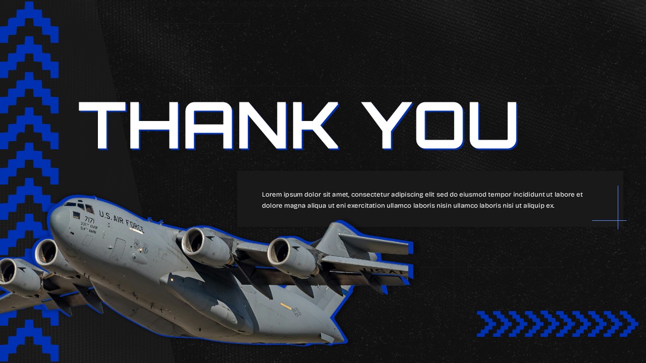 Air Force thank you slide template with military aircraft - close presentations with professional military courtesy