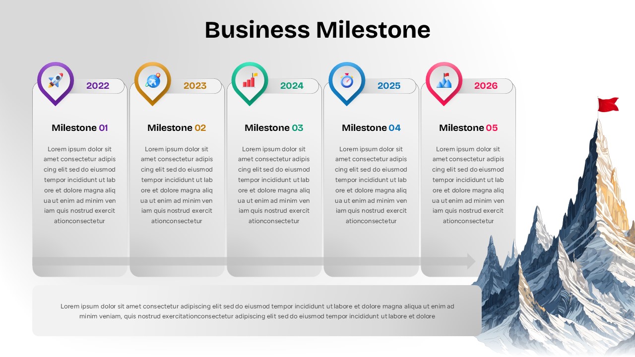 Business Milestone Template - 5-step timeline with mountain climbing metaphor on light background variant