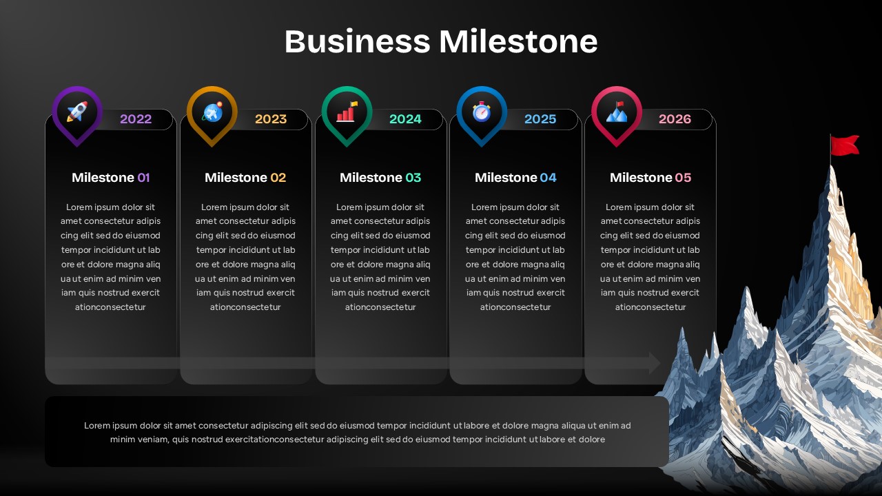 Business Milestone Template - 5-step timeline with mountain climbing metaphor on dark background for PowerPoint