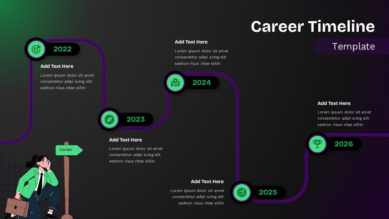 Career Timeline Template - Dark theme variant with same winding timeline design and 5 career milestones (2022-2026)