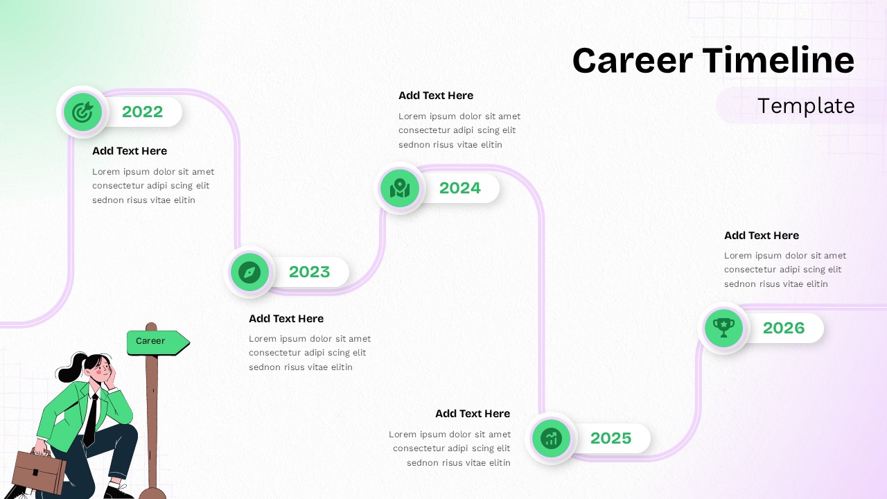 Career Timeline Template - Light theme slide with winding timeline path, 5 milestones (2022-2026), and businesswoman