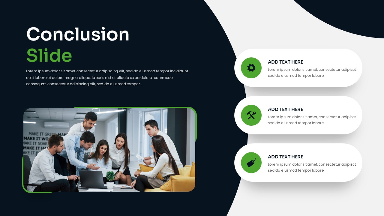 Corporate team collaboration conclusion with modern split-screen PowerPoint template