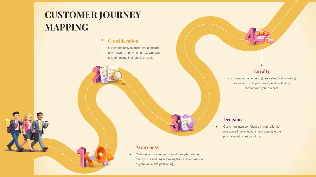 Customer Journey Mapping PowerPoint template cover slide with 4-stage process flow and business illustrations