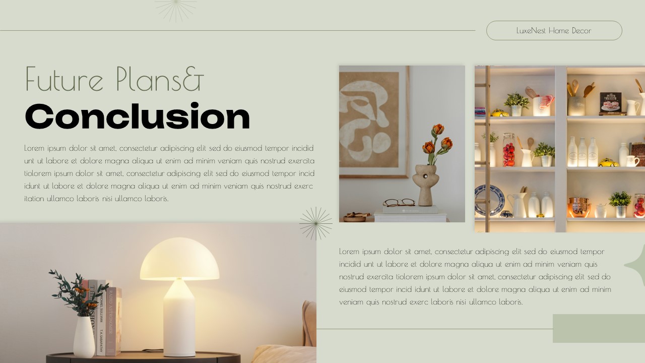Future plans slide from Decor Store Presentation template with organized retail display and conclusion layout