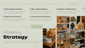 Marketing strategy slide from Decor Store Presentation template with retail shelving and promotional tactics