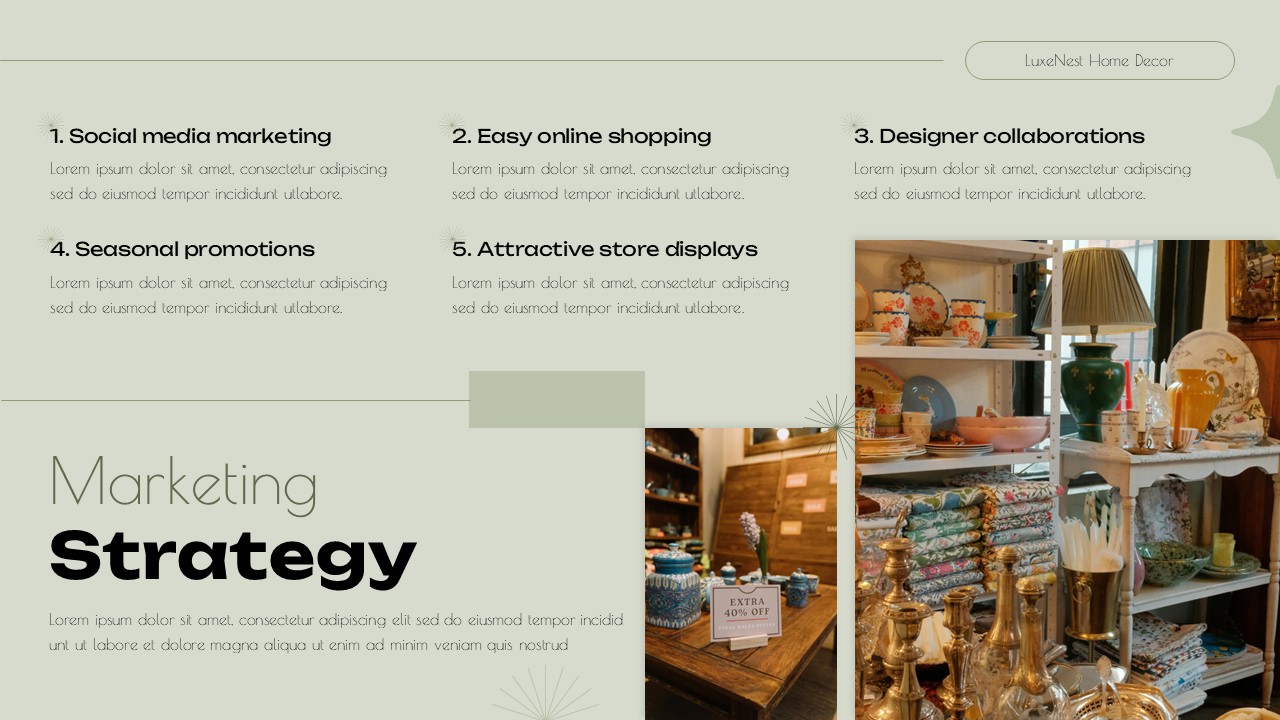 Marketing strategy slide from Decor Store Presentation template with retail shelving and promotional tactics