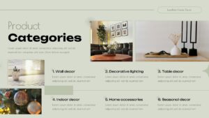 Product categories slide from Decor Store Presentation template showing 6 home decor category sections