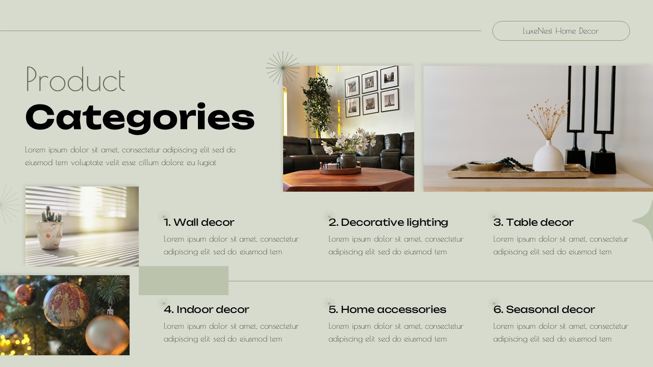 Product categories slide from Decor Store Presentation template showing 6 home decor category sections