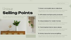 Unique selling points slide from Decor Store Presentation template with key business advantages listed