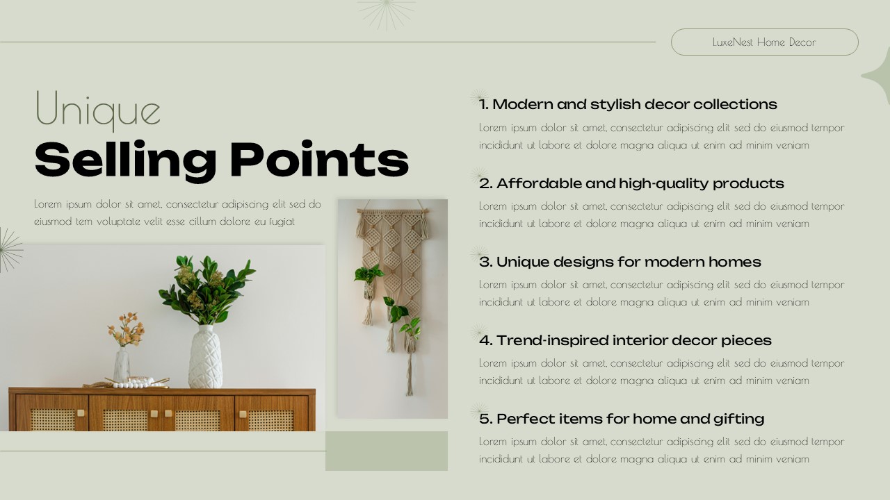 Unique selling points slide from Decor Store Presentation template with key business advantages listed
