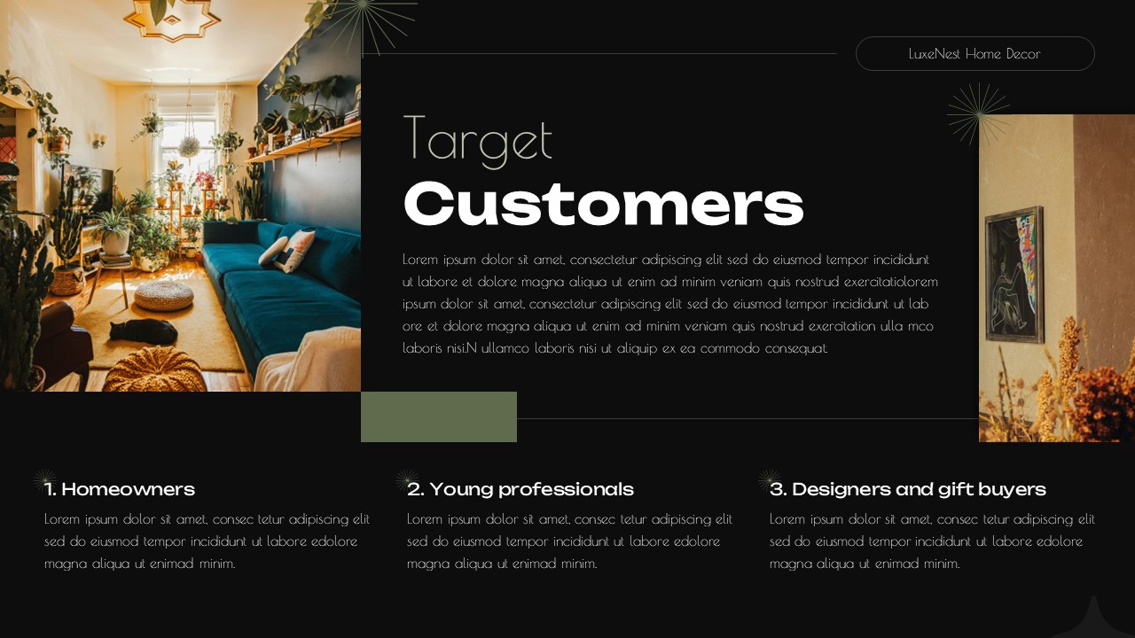 Target customers slide from Decor Store Presentation template showing customer segmentation with cozy interiors