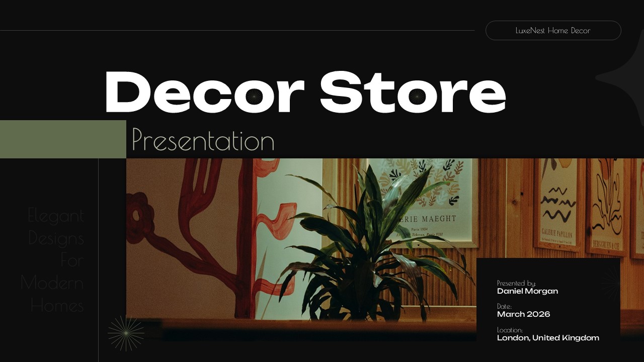 Decor Store Presentation template cover slide with modern home interior and forest green design elements