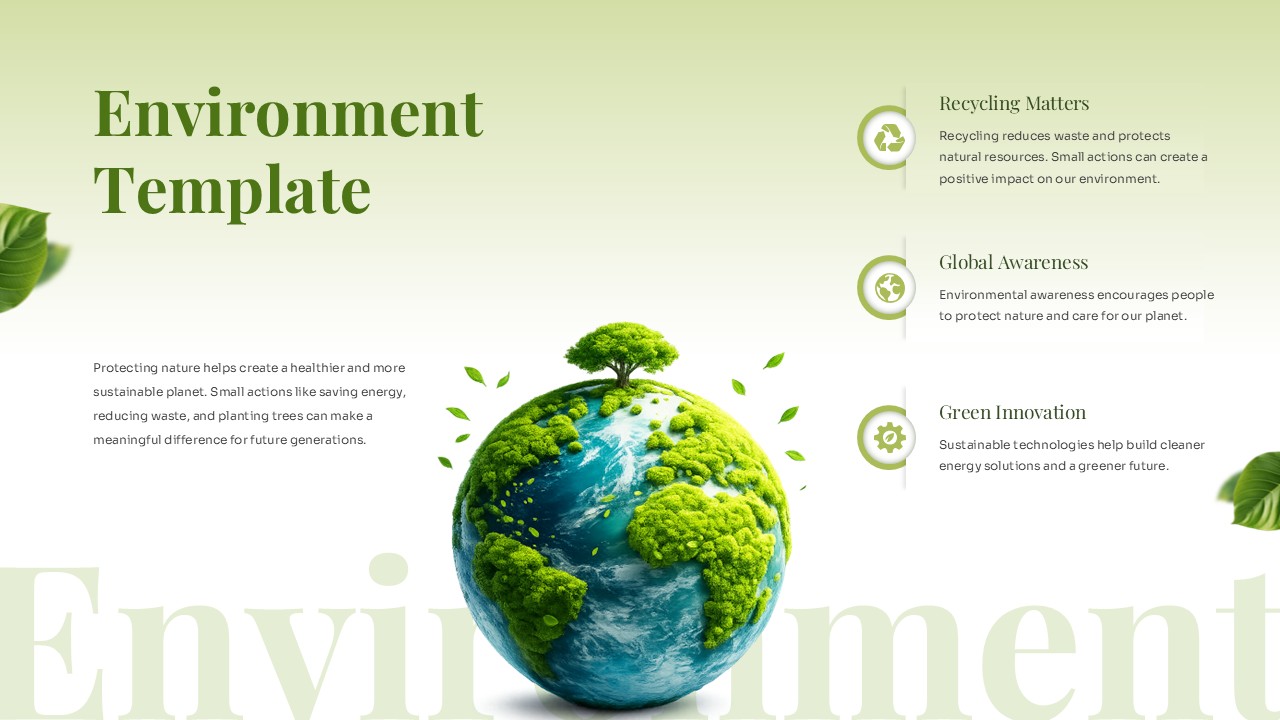 Environment PowerPoint template cover with 3D Earth globe, green eco-friendly design, recycling and sustainability icons